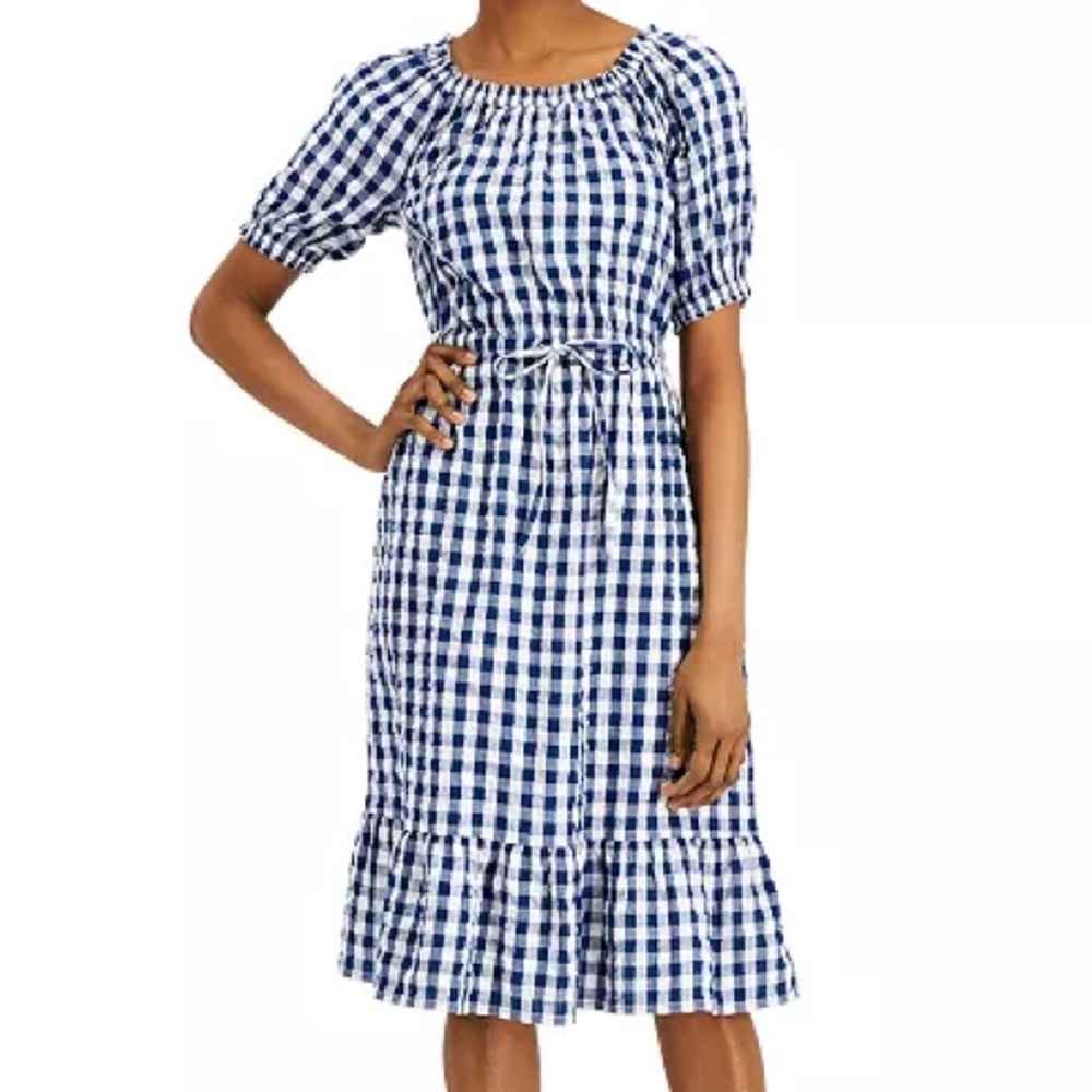 Style &‎ CO women's XL Navy Gingham Midi Dress printed tie-waist square neck